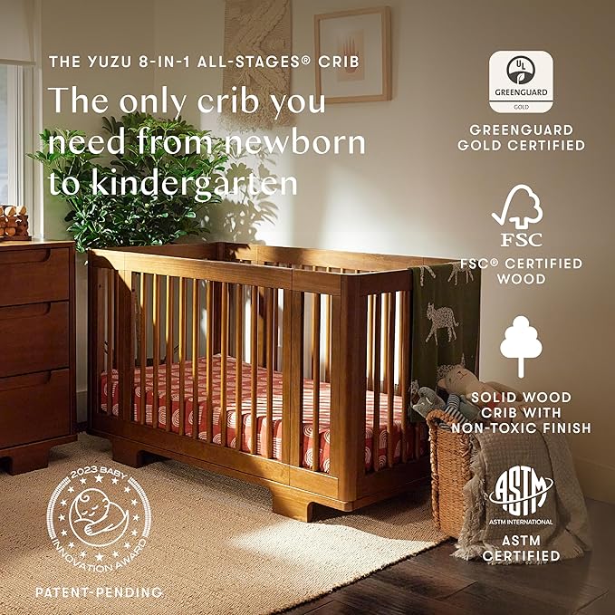 Babyletto Yuzu Convertible All-Stages Bassinet, Midi, Standard Crib in Natural Walnut, Greenguard Gold Certified, Portable & Adjustable with Conversion Kits and Pads Included