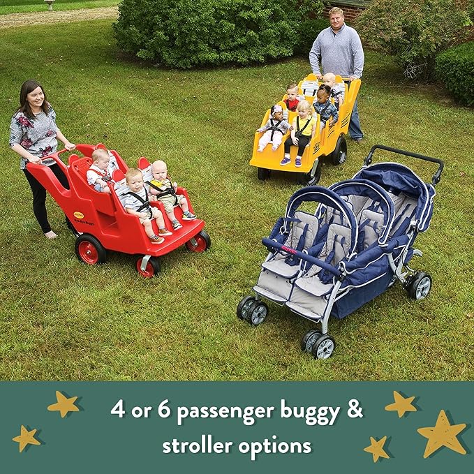 Children’s Factory Bye Bye Buggy 6 Passenger Stroller, Sturdy Daycare Stroller with Fat Tires, Easy-to-Fasten Safety Buckles, Parking Brake, & 360 Pivoting Wheels, Red