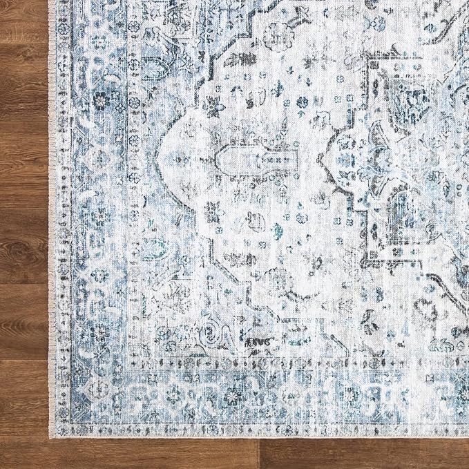 Bloom Rugs Caria Washable Non-Slip 12 ft Runner - Ivory/Blue/Gray Traditional Runner for Entryway, Hallway, Bathroom, and Kitchen - Exact Size: 2'6" x 12'