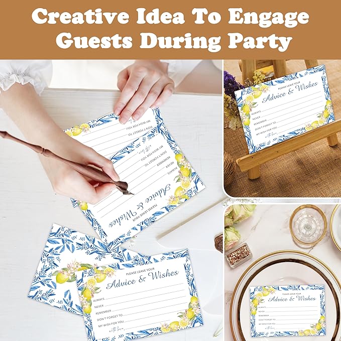 Advice And Wishes Cards (25pcs), Mediterranean Lemon Advice Cards For Mr And Mrs, Bride And Groom, New Parents, Bridal Shower, Baby Shower, Engagement, Wedding, Bachelorette Party Games Decor -A04