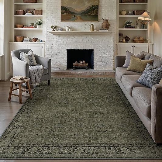 Vintage Area Rug 9x12 Washable Olive Brown Living Room Carpet Large Indoor Non Slip Bedroom Low Pile Kitchen Distressed Retro Accent Throw Rug for Dining Room