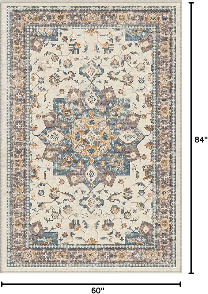 Dripex Vintage 5x7 Area Rugs -Large Washable Area Rug for Living Room Bedroom Oriental Medallion Floral Print Floor Carpet Low-Pile Indoor Soft Non-Slip Accent Rug Farmhouse Home Office Decor