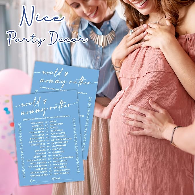 Would Mommy Rather Baby Shower Game Cards - Minimalism Blue - 30 Double-Sided Fill In Style Game Cards For Gender Reveal, Baby Announcement, Party Games & Activity - C06