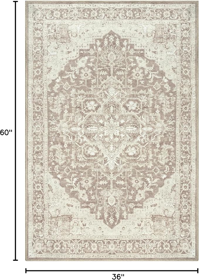 Bloom Rugs Washable Non-Slip 3' x 5' Rug - Light Brown Traditional Medallion Area Rug for Living Room, Bedroom, Dining Room, and Kitchen - Exact Size: 3' x 5'