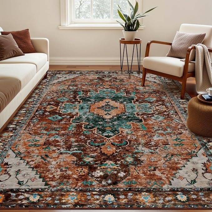 Ciicool Boho Machine Washable Area Rug, 4x6 Rugs for Living Room Non-Slip Bedroom Rug Vintage Rug Ultra-Thin Throw Distressed Large Low-Pile Carpet for Dining Room Office
