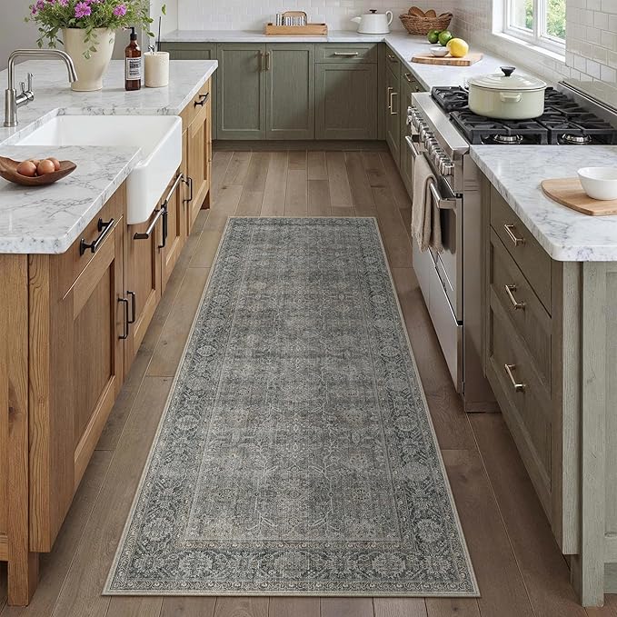 Grey Brown Runner Rug 2x6 Vintage Carpet Hallway Long Indoor Kitchen Washable Living Room Low Pile Traditional Distressed Retro Accent Throw Rug Non Slip Laundry Bathroom Office Dining Room