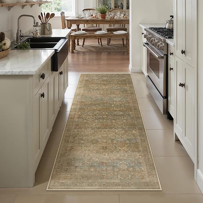 Vintage Runner Rug 2x8 Washable Hallway Carpet Non Slip Long Brown Bedroom Low Pile Kitchen Distressed Retro Accent Throw Rug for Bathroom Dining Laundry Living Room