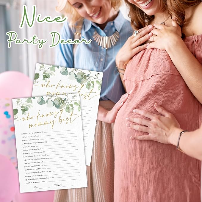 Who Knows Mommy Best Baby Shower Game Cards - Golden Greenery - 30 Double-Sided Fill In Style Game Cards For Gender Reveal, Baby Announcement, Party Games & Activity - D07