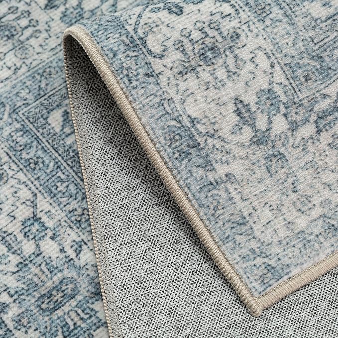Vintage Area Rug 4x6 Blue Entryway Office Washable Carpet Non Slip Bedroom Indoor Living Room Door Mat Low Pile Traditional Distressed Retro Accent Rug for Dining Room Bathroom Kitchen