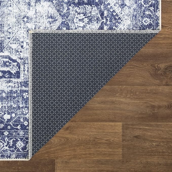 Bloom Rugs Washable Non-Slip 7 ft Runner - Blue/Ivory Traditional Runner for Entryway, Hallway, Bathroom, and Kitchen - Exact Size: 2.5' x 7'
