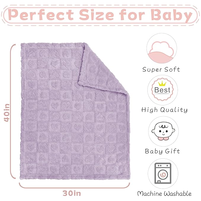 Yurhap Fleece Baby Blanket Heart Checkered Blanket, Ultra Soft Cozy Baby Blankets for Girls Boys, Fluffy Infant Toddler Newborn Receiving Blankets for Crib Stroller 30”×40” (Purple)