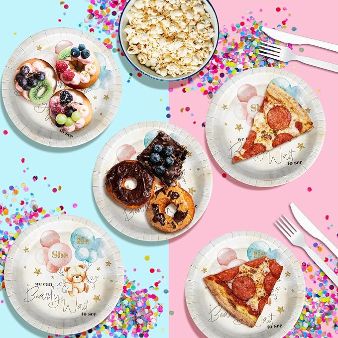Birthday Galore We Can Bearly Wait Teddy Bear Gender Reveal - 32 Piece Disposable Party Supplies - Bear Gender Reveal Decorations - Round Party Plates - Large 9" Paper Plates In Bulk