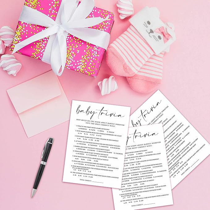 ZIIUFRN Baby Shower Games(5" X 7"), 30 Sets Modern Black and White Baby Trivia Game Cards with Answer Card, Boy Girl Gender Neutral Baby Shower Supplies-B09