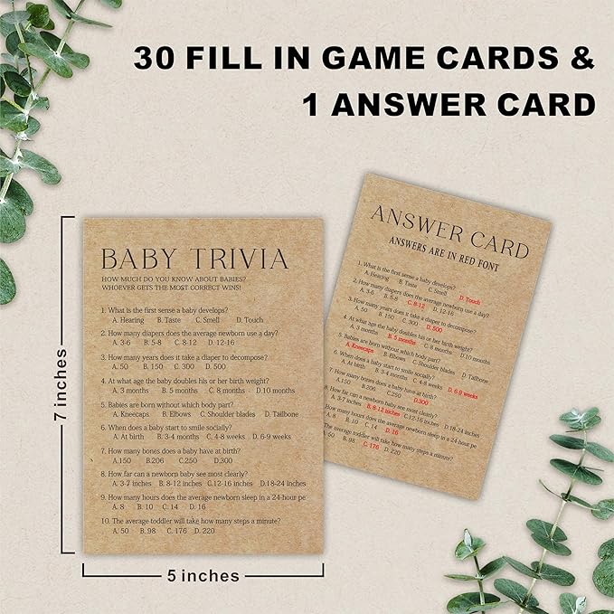 Baby Shower Game Card - Set Of 30 Kraft Paper Double Print - Baby Trivia Game Cards With 1 Answer Card For Baby Boy Girl, Baby Announcements, Gender Reveal Games, Party Favors And Supplies-B10