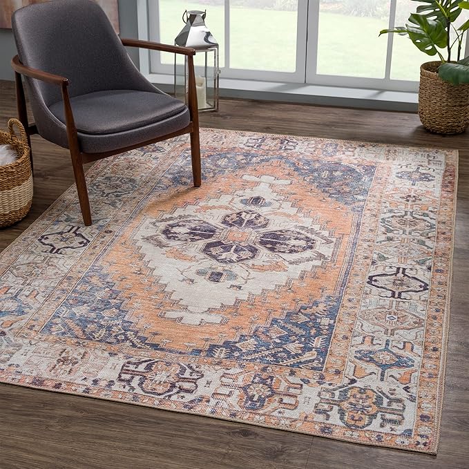 Bloom Rugs Washable 9' x 12' Rug - Orange/Blue/Beige Traditional Area Rug for Living Room, Bedroom, Dining Room, and Kitchen - Exact Size: 9' x 12'