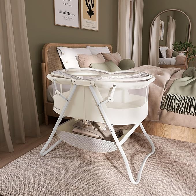 Dream On Me Karley Bassinet in French White, Lightweight Portable Baby Bassinet, Quick Fold and Easy to Carry , Adjustable Double Canopy, Indoor and Outdoor Bassinet with Large Storage Basket.