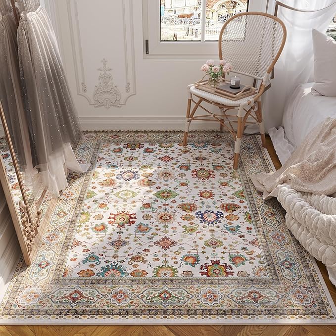 Bedroom Rug 3x5 Rug Washable Area Rug Non Slip Low Pile Boho Small Carpet for Bedroom, Bedside, Kitchen, Entryway, Kids Room, Office, College Dorm Essentials for Girls (Colorful)
