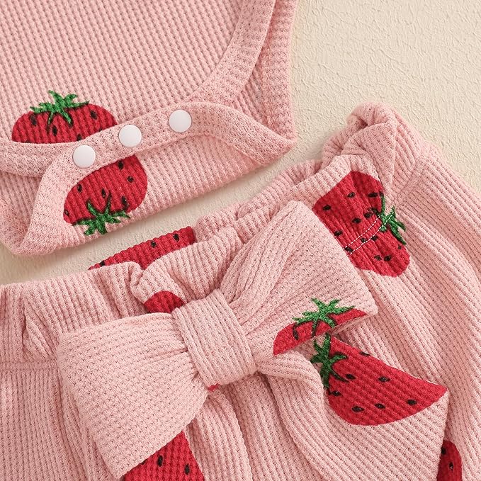 Kaipiclos Cherry Baby Outfit Newborn Infant Girl Clothes Rib Knit Romper & Shorts Waffled Baby Clothes for Girls 0 3 6 12 18M