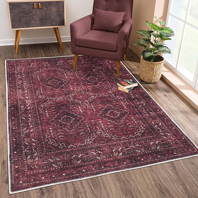 Bloom Rugs Washable Non-Slip 5' x 7' Rug - Dark Red Traditional Bordered Area Rug for Living Room, Bedroom, Dining Room, and Kitchen - Exact Size: 5' x 7'