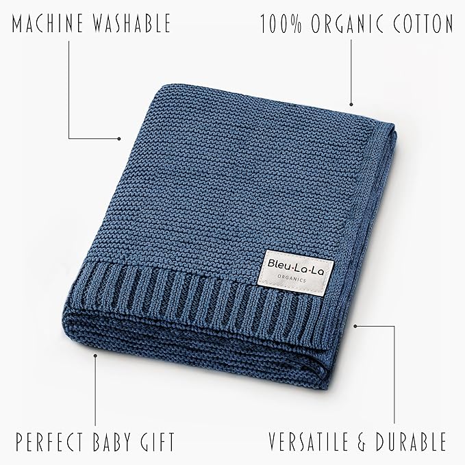 Heritage Knit Organic Cotton Receiving Swaddle Blanket for Boys - 100% Organic Soft Luxury Cotton Warm Cuddle Swaddling Blanket for Newborns Infants Toddler (0-2Yrs - Denim Blue)