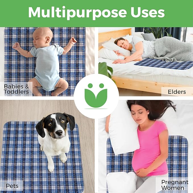 Bed Pads Washable Waterproof, Incontinence Bed Pads for Women and Men, Reusable Waterproof Mattress Protector, Non-Slip, 36" x 34", Blue Plaid, 2 Pack