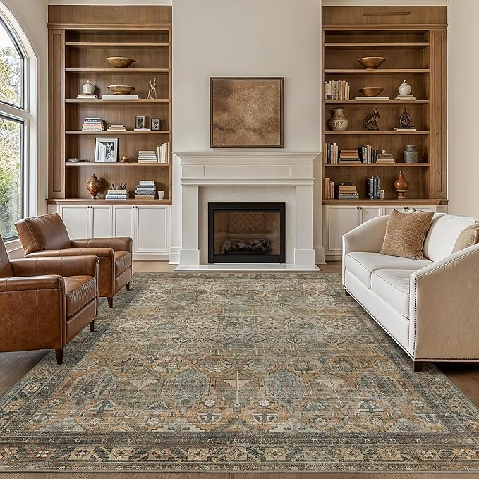 GENIMO 4x6 Area Rugs for Living Room, Machine Washable Non Slip Vintage Rugs, Low Pile Lightweight Chenille Print Rug for Bedroom, Dining Room, Home Office, Warm Taupe