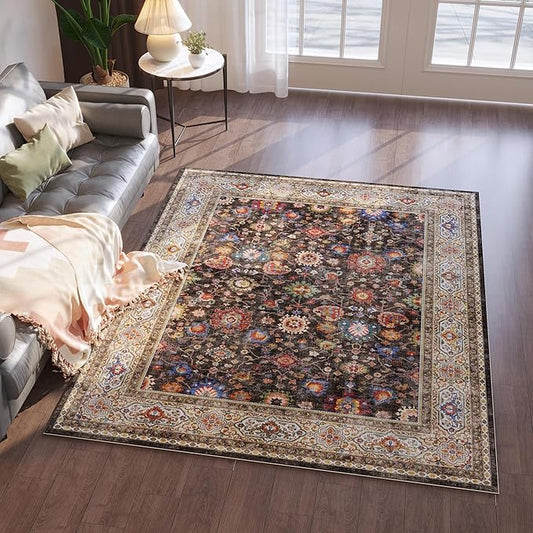 Area Rug 4x6 Rug Washable Boho Rugs Non Slip Low Pile Small Carpet for Bedroom, Bedside, Kids Room, Office, Dining Room (Dark Espresso)