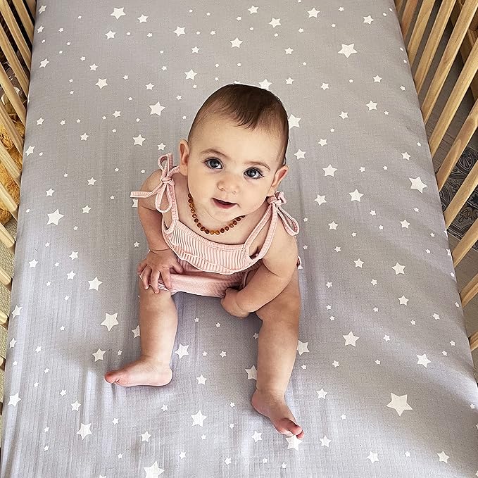 Newton Baby Organic Fitted Crib Sheet (2-Pack) - Ultra Breathable and Soft, 100% Organic Muslin Cotton, Stardust Print in Twilight Grey + Solid White, Fits All Standard Cribs