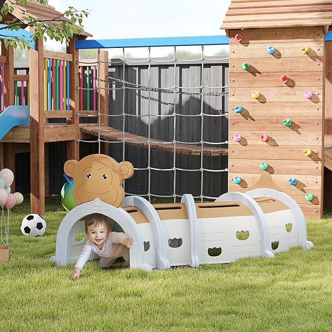 Qaba Monkey Tunnel, Toddler Tunnel for Kids Crawl and Climb Through, Kids' Play Structure Indoor Outdoor, 4 Sections, Brown