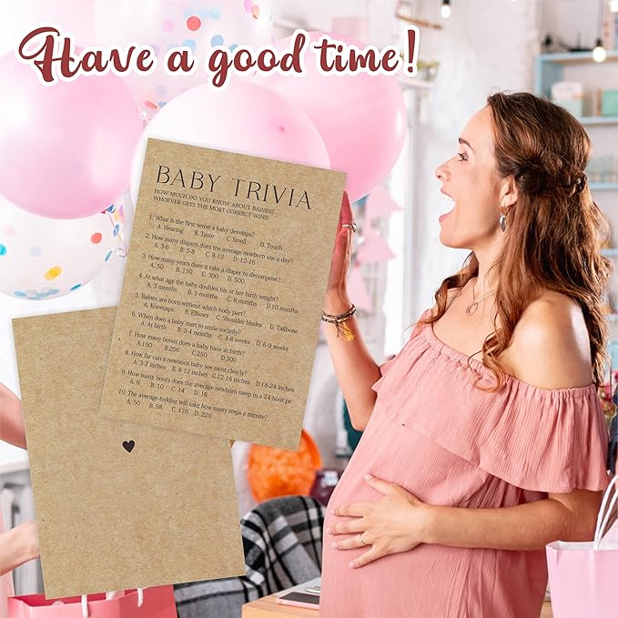 Baby Shower Game Card - Set Of 30 Kraft Paper Double Print - Baby Trivia Game Cards With 1 Answer Card For Baby Boy Girl, Baby Announcements, Gender Reveal Games, Party Favors And Supplies-B10