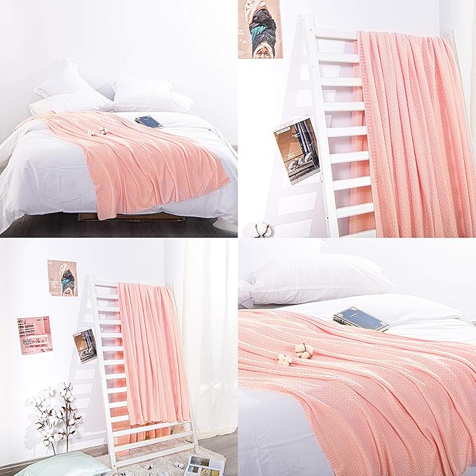 NTBAY Cable Knit Cooling Throw Blanket, Soft and Breathable Throw Blanket 51x67 Inches Made from Rayon Derived from Bamboo for Couch, Sofa, Nap, Pink