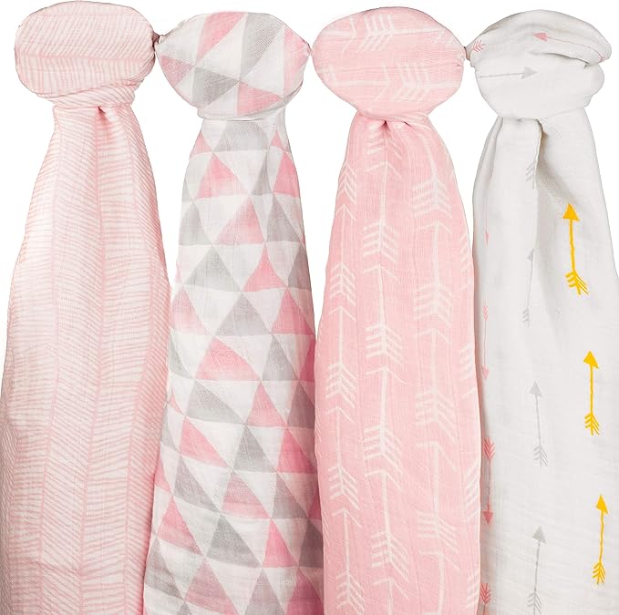 Muslin Swaddle Blankets – Soft Pure Cotton Muslin Blankets – 4 Pack of Breathable Swaddle Blankets – Unisex Baby Swaddle Blanket in Pink Designs – Multi Use Muslin Blankets – 47 x 47 inches