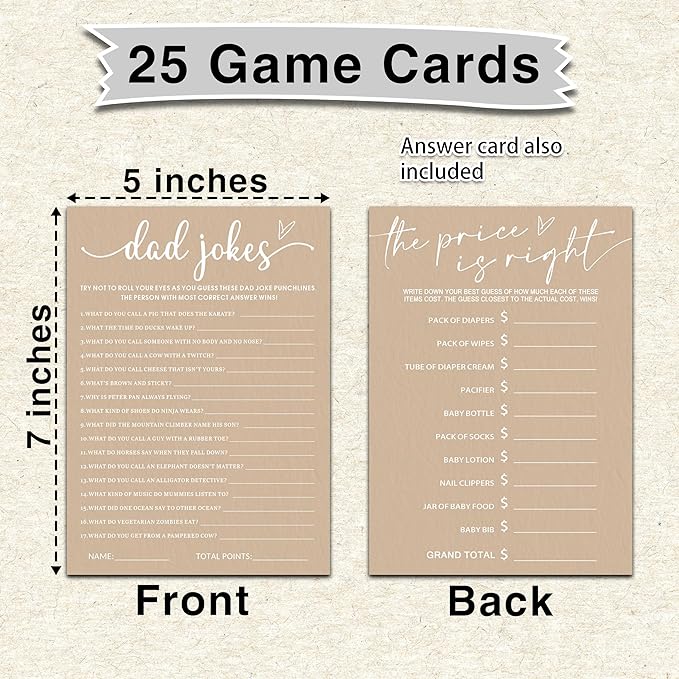 Hilarious Baby Shower Game Cards Ideas, 5" x 7" Double-Sided Baby Shower Games for Girl or Boy, Brown Minimalism Gender Reveal Party Supplies - E09