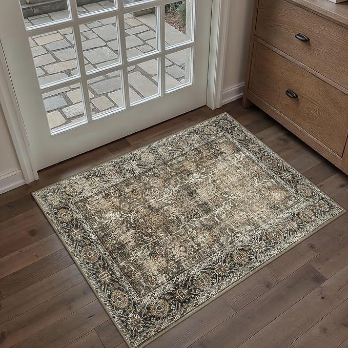 Brown Entryway Rug 2x3 Vintage Area Carpet Indoor Kitchen Washable Door Mat Living Room Entrance Small Low Pile Traditional Distressed Retro Accent Throw Rug Non Slip Office Bathroom