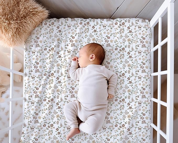 Crib Sheets Neutral - Fitted Baby Crib Sheets Bed for Girl Boy - 2 Pack Standard & Toddler Mattress - Buttery Soft Organic Cotton Blend (Fleurette)