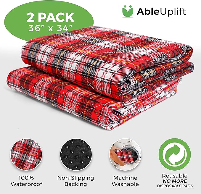 Bed Pads Washable Waterproof, Incontinence Bed Pads for Women and Men, Reusable Waterproof Mattress Protector, Non-Slip, 36" x 34", Red Plaid, 2 Pack