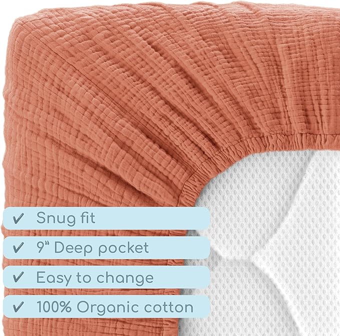 Muslin Crib Sheets, 100% Organic Cotton, Breathable and Ultra-Soft, Standard Crib Sheet Mattress (28"x 52") for Girls and Boys, Neutral Fitted Baby Crib Sheet (Brick Red)