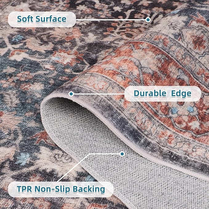 Dripex Vintage 5x7 Area Rugs - Large Washable Area Rug for Living Room Bedroom Oriental Medallion Floral Print Floor Carpet Low-Pile Indoor Soft Non-Slip Accent Rug Farmhouse Home Office Decor