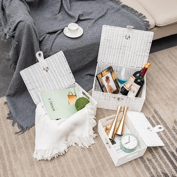 Set of 3 Woven Wicker Storage Basket Box with Lid & Lock, Built-in Carry Handles, Multifunctional Storage Organiser for Nursery, Baby, Clothes, Toys, Books, Large/Medium/Small Size (White)