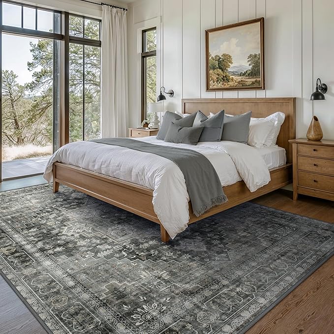 GENIMO 7'6''x9'6'' Area Rugs for Living Room, Machine Washable Non Slip Vintage Rugs, Low Pile Lightweight Chenille Print Rug for Bedroom, Dining Room, Home Office,Charcoal Gray