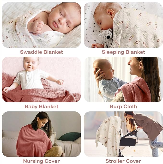 Organic Cotton Muslin Baby Blanket - 47x47 Inch Breathable Swaddle, Hypoallergenic Double-Layer, Versatile Use (Pink Floral, 47x47 Inch)