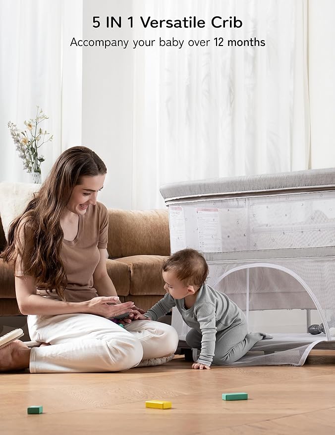 besrey 5 in 1 Baby Bassinet Bedside Sleeper, Playpen with Bassinet & Baby Cradle, Adjustable Bedside Crib for Newborn Infant with Mobile Toy Hanger, Hanging Diaper Bag, Mosquito Net, Mattress