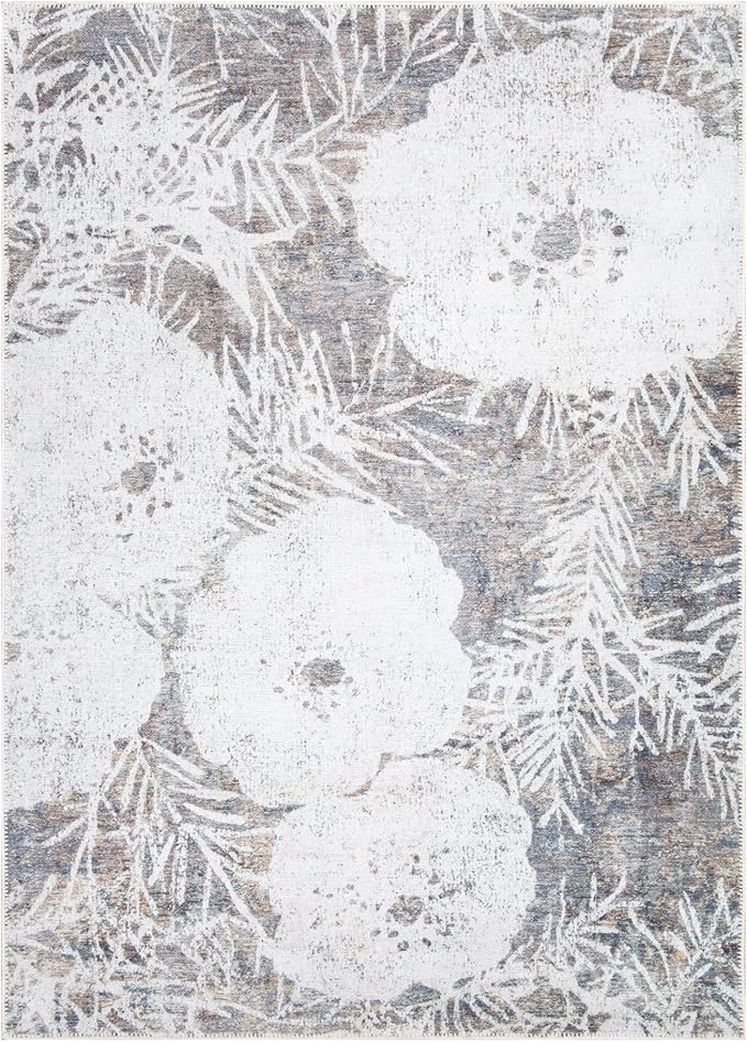 Bloom Rugs Washable Non-Slip 8' x 10' Rug - Tan/Brown/Blue Modern Floral Area Rug for Living Room, Bedroom, Dining Room, and Kitchen - Exact Size: 8' x 10'