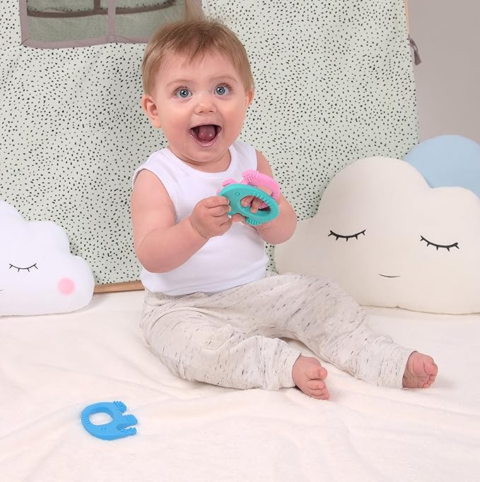 Teething Ring for Babies 0-6 Months - 5X Pain Relief Smart Teether - Zero Developmental Delay Silicone Teether - Cute Infant Chew Toy, Shower Gift