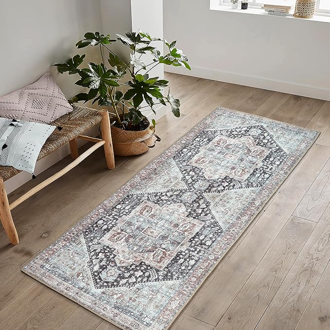 Bloom Rugs Washable Non-Slip 10 ft Runner - Charcoal/Brown Traditional Medallion Runner for Entryway, Hallway, Bathroom, and Kitchen - Exact Size: 2.5' x 10'