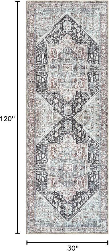 Bloom Rugs Washable Non-Slip 10 ft Runner - Charcoal/Brown Traditional Medallion Runner for Entryway, Hallway, Bathroom, and Kitchen - Exact Size: 2.5' x 10'