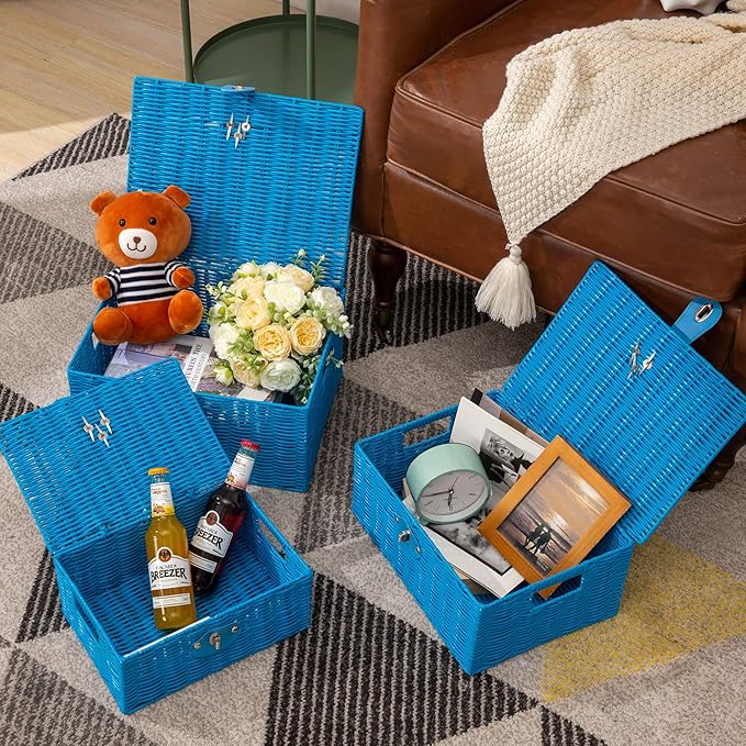 Set of 3 Woven Wicker Storage Basket Box with Lid & Lock, Built-in Carry Handles, Multifunctional Storage Organiser for Nursery, Baby, Clothes, Toys, Books, Large/Medium/Small Size (Sky Blue)