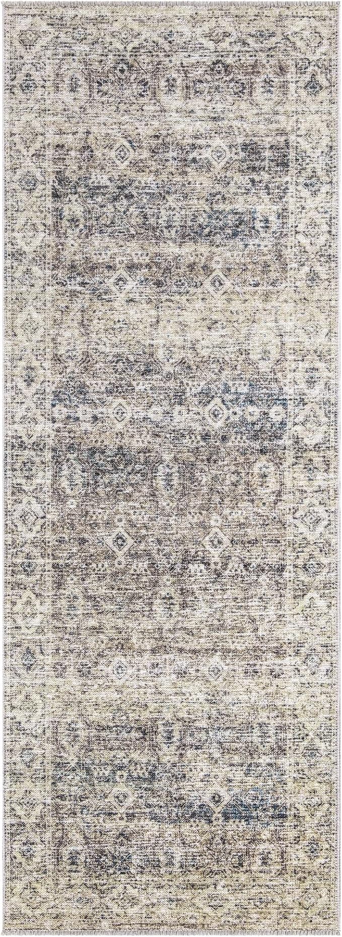 Bloom Rugs Caria Washable Non-Slip 7 ft Runner - Beige Brown/Teal Traditional Runner for Entryway, Hallway, Bathroom, and Kitchen - Exact Size: 2'6" x 7'