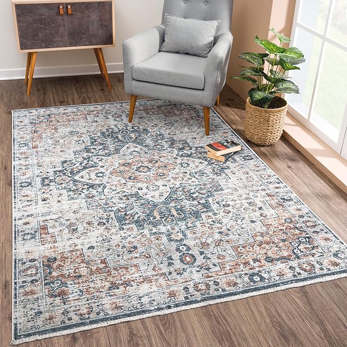 Bloom Rugs Caria Washable Non-Slip 3x5 Rug - Terracotta/Teal Traditional Area Rug for Living Room, Bedroom, Dining Room, and Kitchen - Exact Size: 3' x 5'