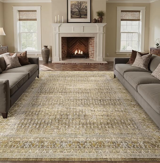 Brown 8x10 Area Rug for Living Room Washable Vintage Distressed Large Carpet Bedroom Low Pile Non Slip Indoor Soft Retro Throw Accent Rug Office Kitchen Bathroom Dining Room